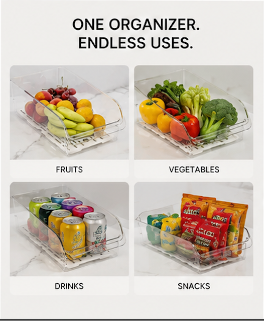Clear Fridge Organizer, Refrigerator Organizer Bins ,Fridge Organizers and Storage Containers for Fruit, Vegetable, Food, Drinks
