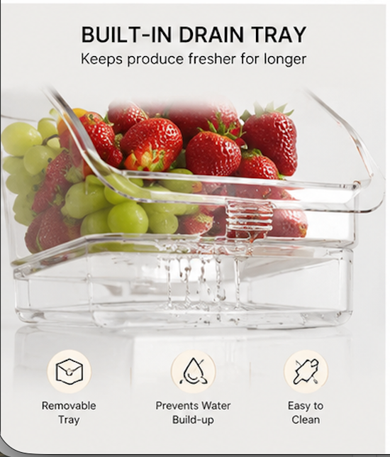 Clear Fridge Organizer, Refrigerator Organizer Bins ,Fridge Organizers and Storage Containers for Fruit, Vegetable, Food, Drinks